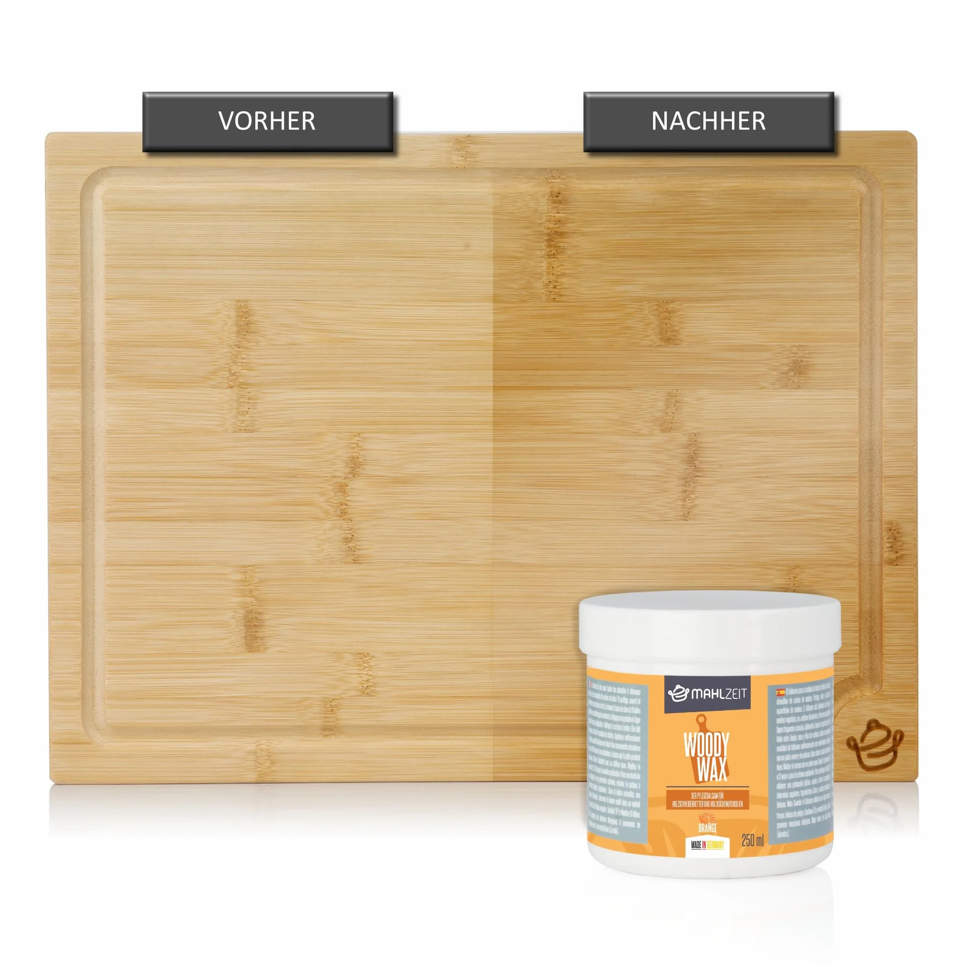 Mahlzeit WOODY WAX - Juego de cuidado de madera de cera de abejas + aceite de madera para tablas de cortar y utensilios de cocina de madera, 2 x 250 ml, aroma a naranja, 100% natural, tablas de cortar