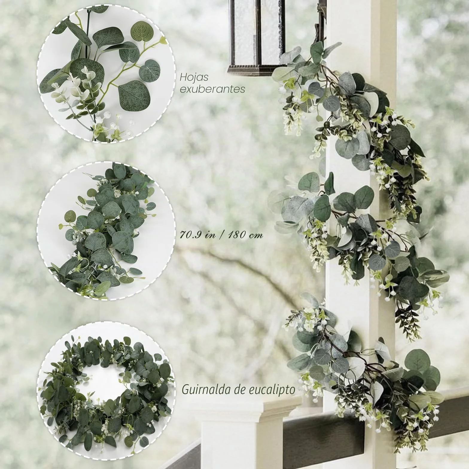 2pcs Guirnaldas Artificiales de Eucalipto con Hojas de Sauce Hojas Verdes Guirnalda de Flores Blancas Planta Artificial para Decoración de Fondo Boda Camino de Mesa Central