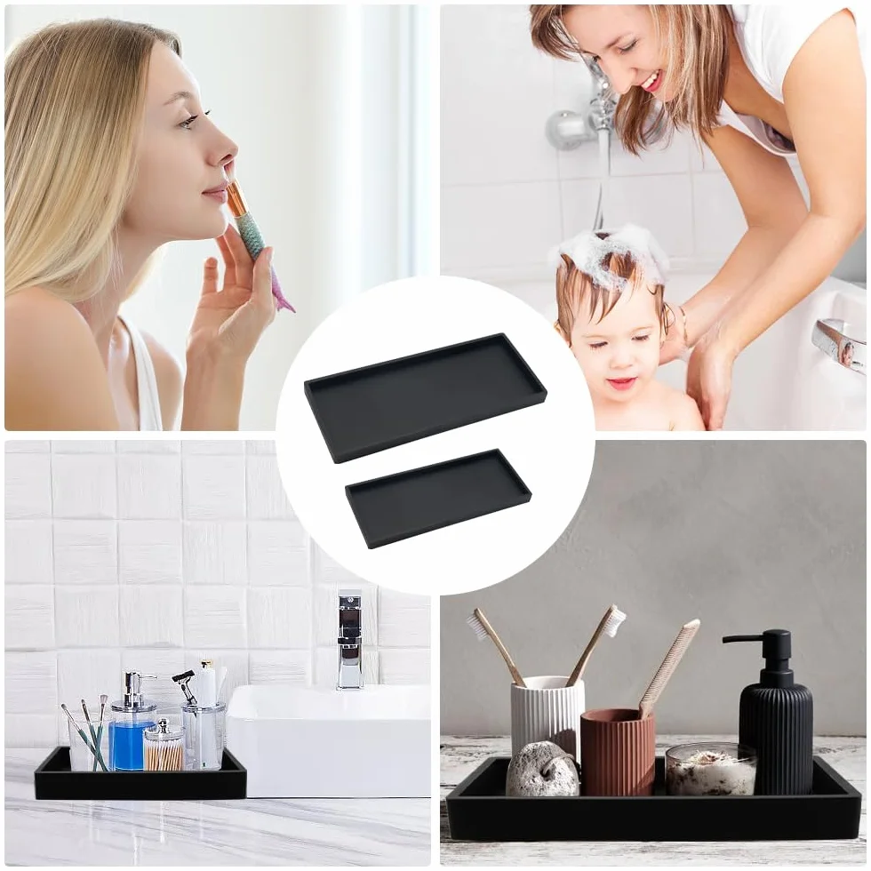 2 Pcs Bandejas de Baño, Bandeja Rectangular Negra,Bandeja Almacenamiento Baño para Tocador,Fregadero de Cocina Y Bandeja de Silicona para Baño