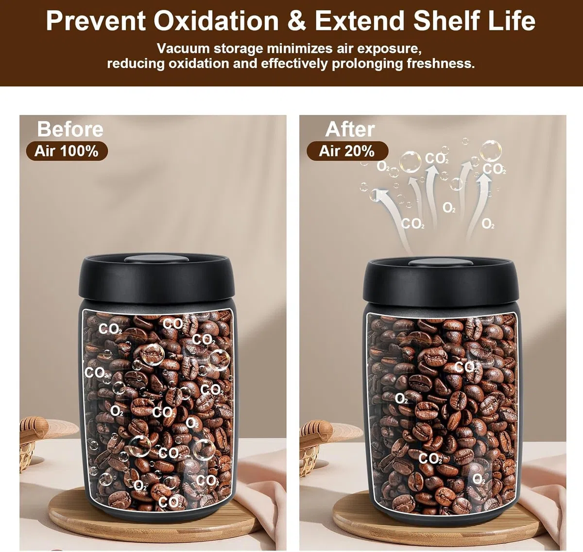 VINATO Bote de Café Hermético de Acero Inoxidable 1.2L – Recipiente al Vacío para Café, Té o Alimentos,Bote Cafe