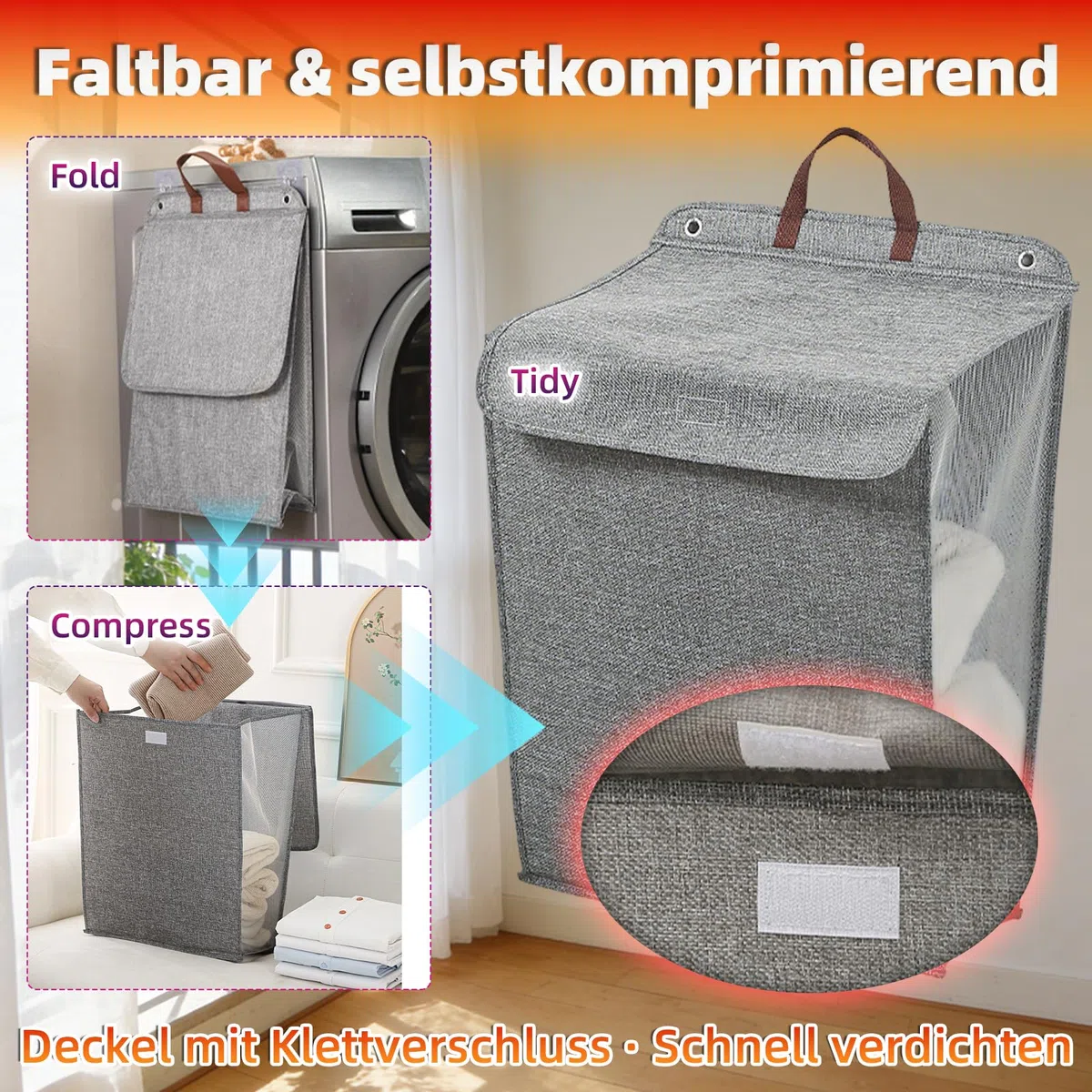 Cesto Ropa Sucia Plegable con Tapa Organizador Compresible Estrecho Gray-L