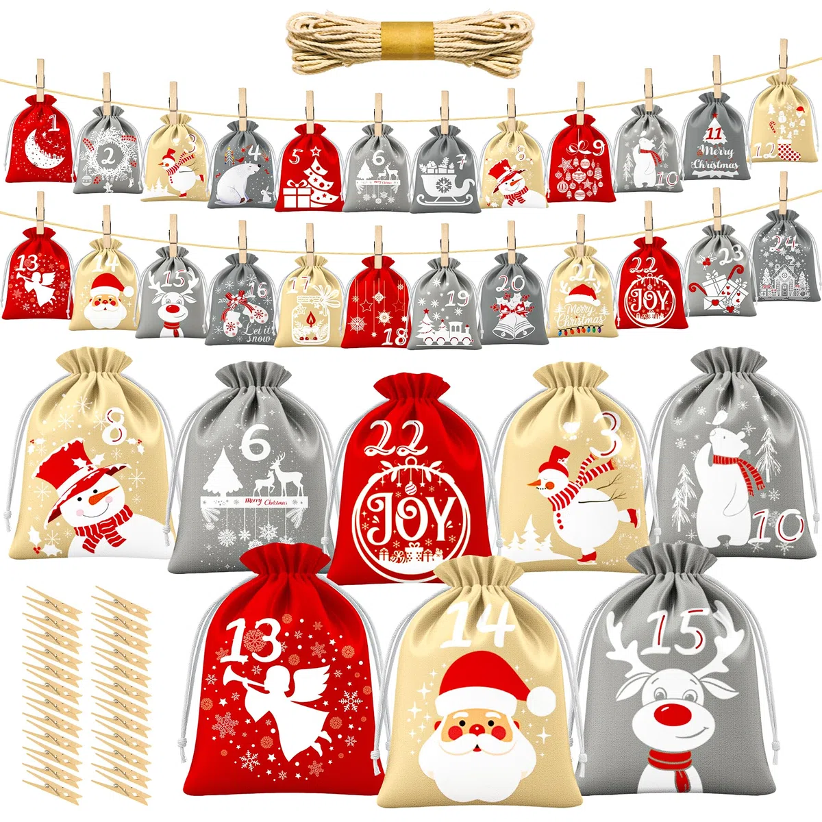 BoriYa Calendario Adviento para Rellenar - Terciopelo Bolsas Calendarios Adviento Vacio, DIY Calendario de Adviento Rellenable, Niños Bolsitas Calendario de Navidad para Rellenar 2025