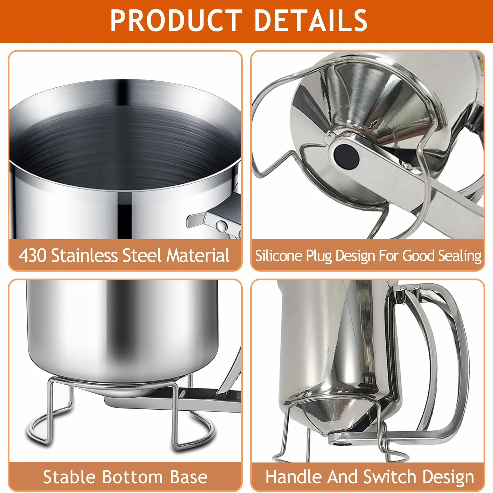 Dispensador Masa Acero Inoxidable 900ml, Dispensador Líquido Tarta Huevo con Mango Presionando, Embudo Reposteria Profesional Cocina para Pasteles, Panqueques, Magdalenas, Gofres, Crepes, Tortitas