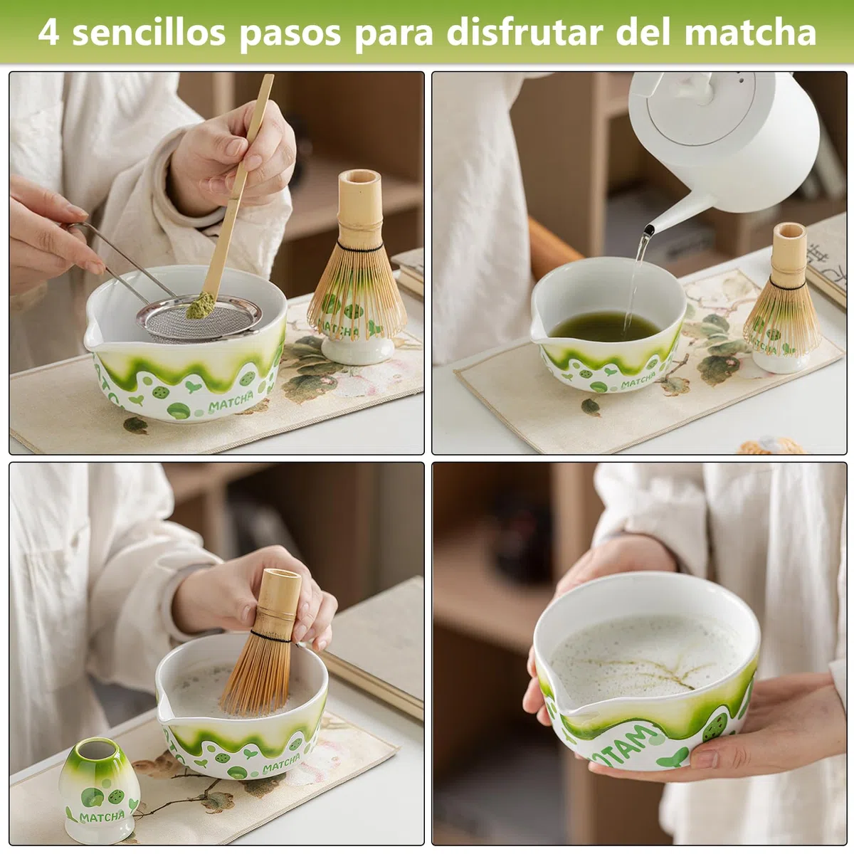 Juego de 5 piezas de matcha, elegante juego de té Macha verde, juego de escoba matcha para los amantes del matcha, accesorios de matcha con soporte para escoba, filtro colador y cuenco