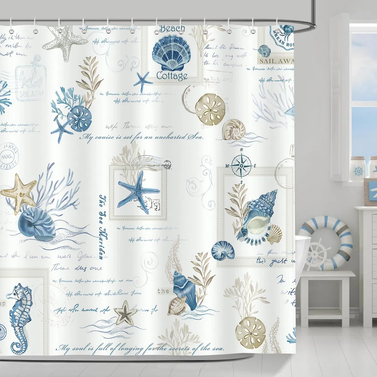 Bonhause Cortina de Ducha Náutico Costera Océano Azul Estrella de Mar Concha Cortina de Baño de Poliéster Impermeable Antimoho Lavable Cortina Ducha 180 x 180 cm con 12 Ganchos