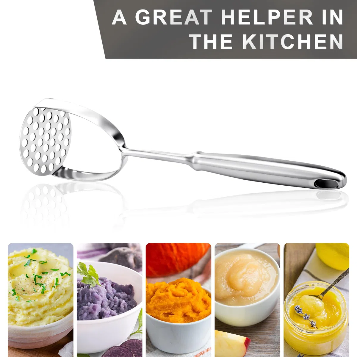Aplastador de Patatas, Machacador de Acero Inoxidable, Apto para Lavavajillas, Potato masher de Mango Largo, Para Aplasta Patatas,Frutas,Verduras(32 x 8cm)