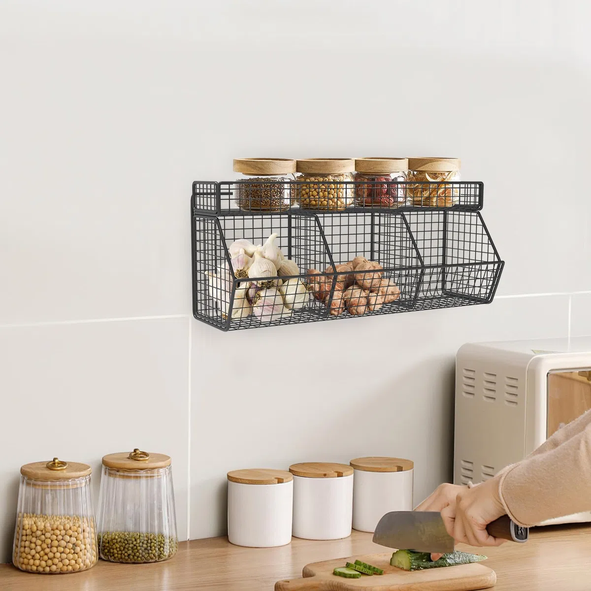 Cestas de almacenamiento de cocina colgantes para pared, cesta de frutas colgante, estante de encimera de cocina de 3 rejillas, cestas de almacenamiento montadas en la pared para verduras