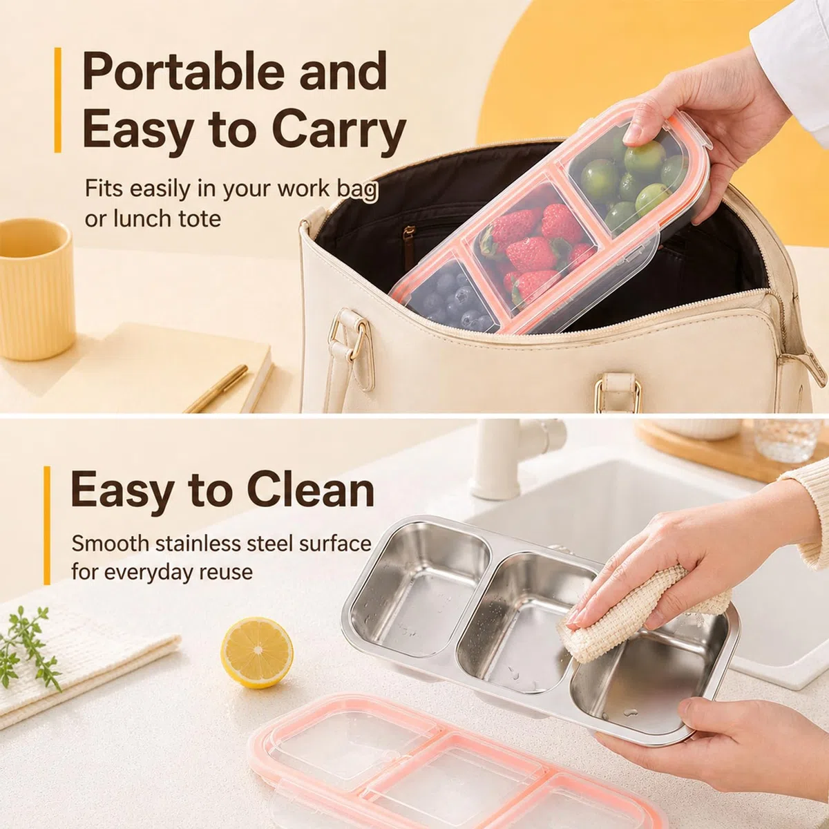 Pack de 2 cajas para snacks con 3 compartimentos, inox 600 ml, tapa antifugas, apta lavavajillas. Para niños, colegio, oficina, camping, fruta, ensalada, aperitivos