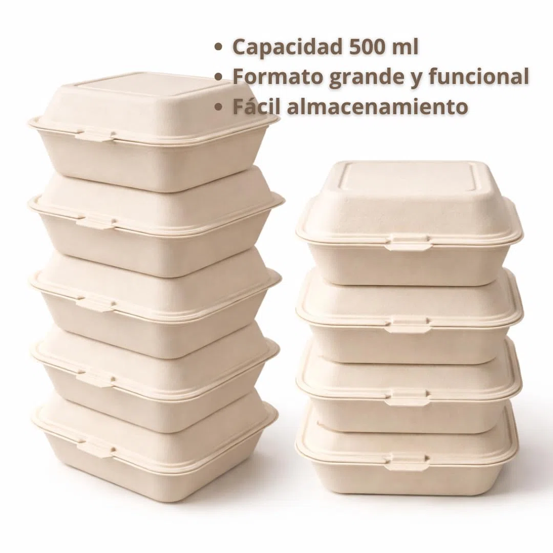 Envases Desechables para Alimentos 500 ml Pack 50 Unidades | Tupper Desechables Biodegradables con Tapa 152x152 mm | Cajas Comida para Llevar Aptas Microondas y Horno (50)