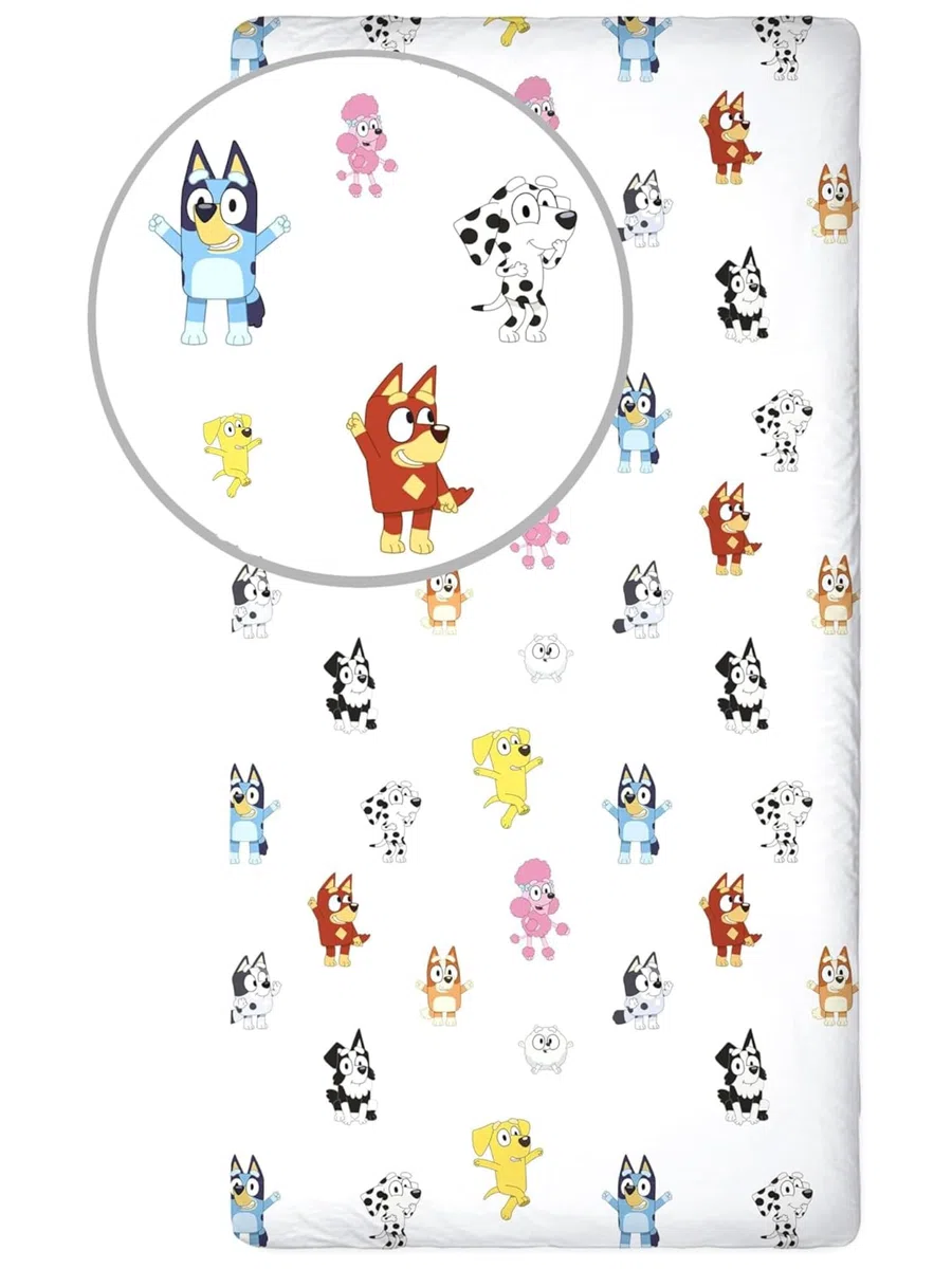Sábana Bajera Ajustable Bluey Blanca 100% Algodón Suave | Sábana para Cama Individual con Esquinas Elásticas 90x200 + 25 cm | Sábana Infantil Oficial Bluey