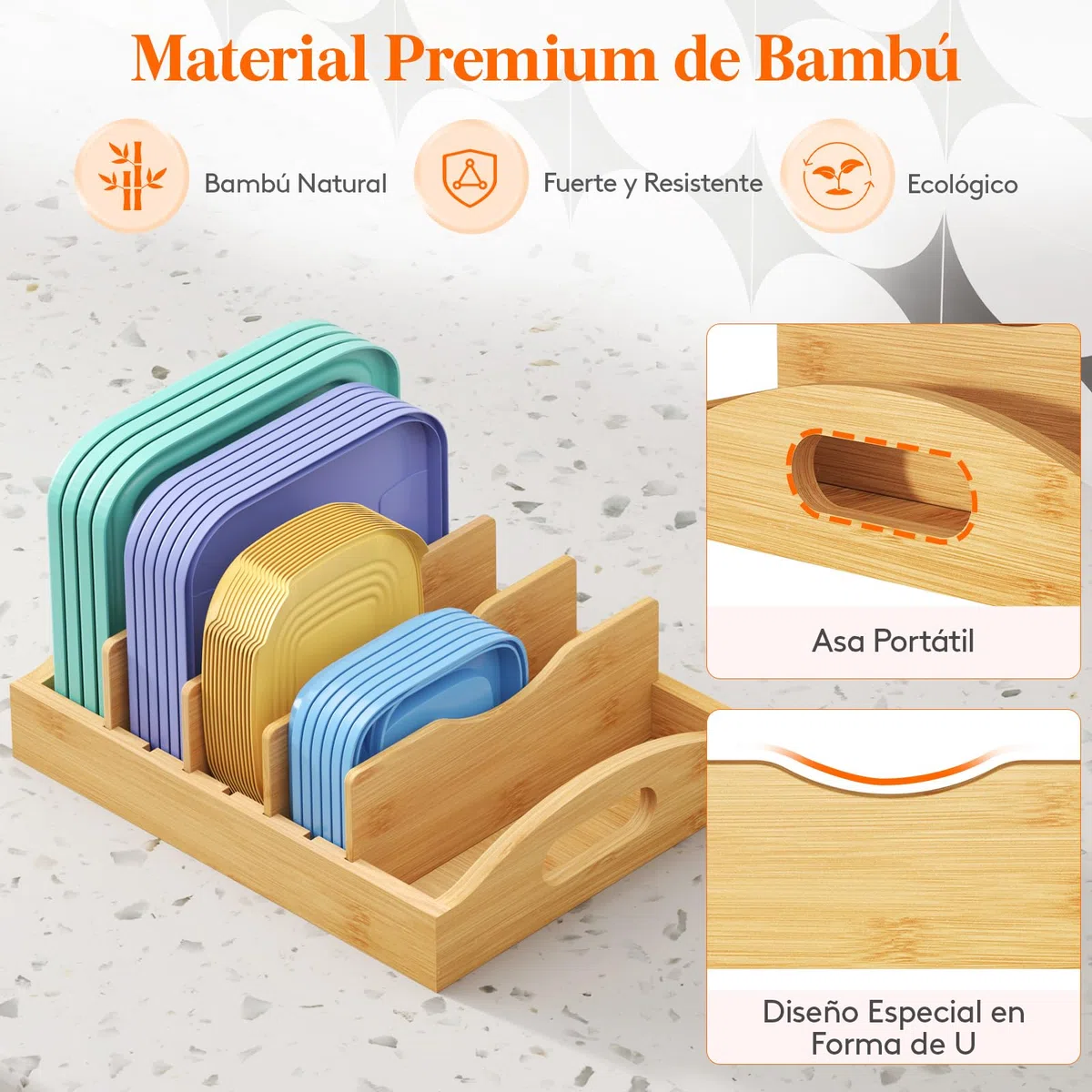 Lifewit Organizador Tapas de Bambú, Salvaspazio Organizadors Platos Armario Cocina con con 4 Divisores Ajustables, Soporte para Tapas de Recipientes de Almacenamiento de Alimentos, 27 x 21 cm
