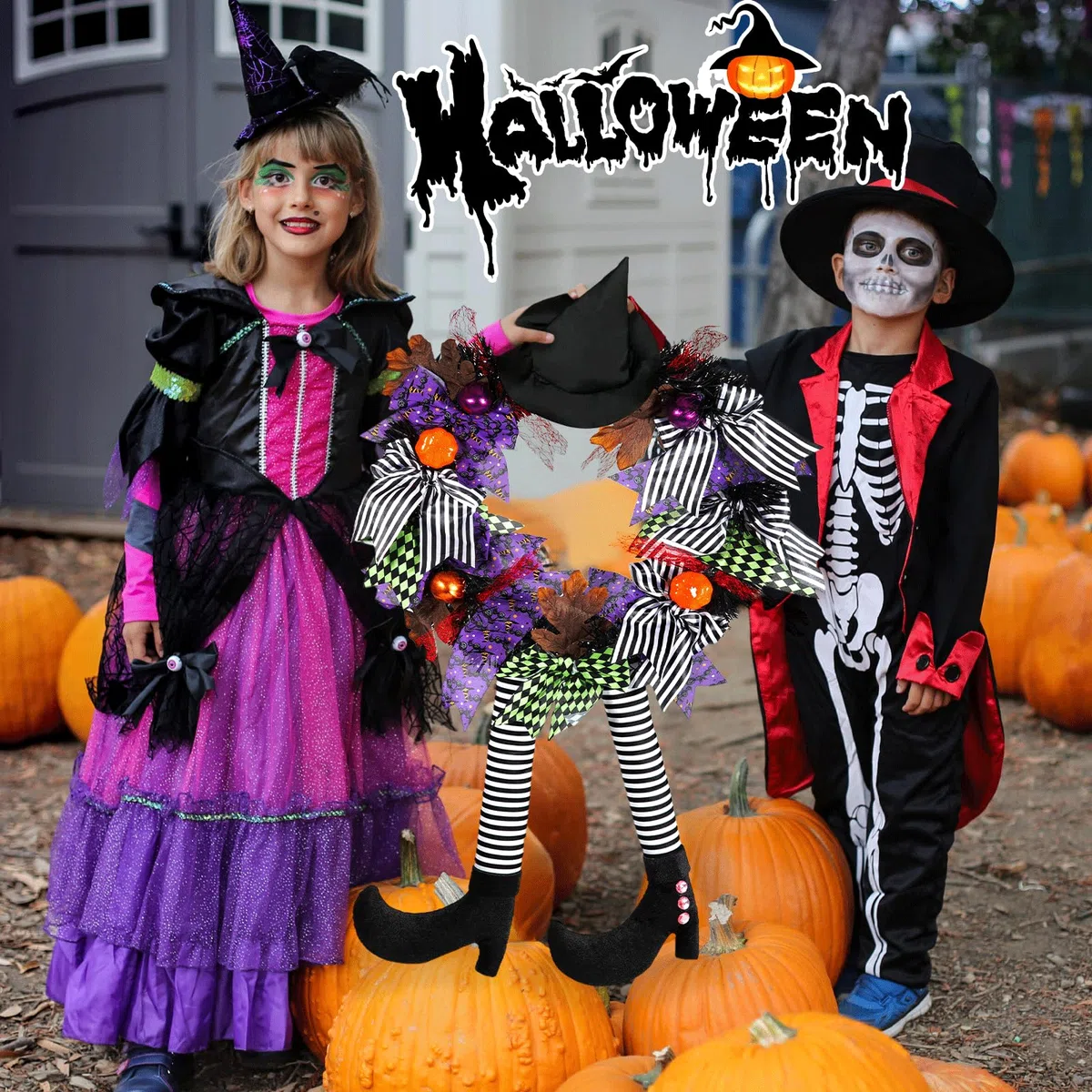 35cm Decoración de Corona de Halloween, Corona de Bruja de Halloween, Corona de Bruja con pies y Sombrero de Bruja y Calabaza, Corona de Halloween, Decoración Puerta Halloween para Casa