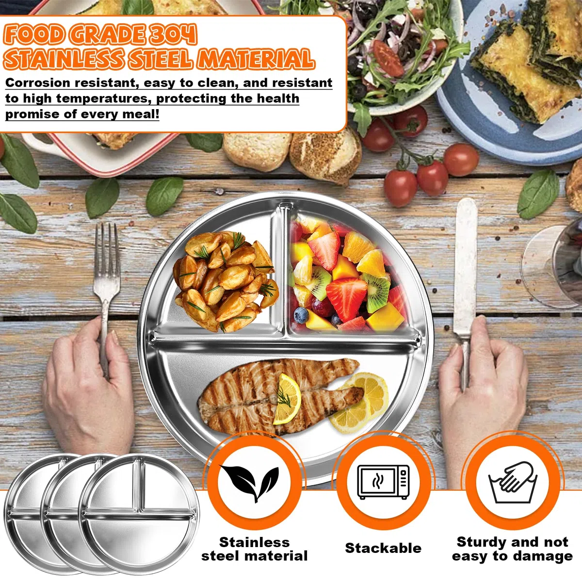 3 PCS Platos Divididos de Acero Inoxidable, Plato para Dieta en 3 Zonas para Adultos y Niños, Plato con Separadores, Platos Saludables Control de Porciones para Almuerzo y Cenas -23cm