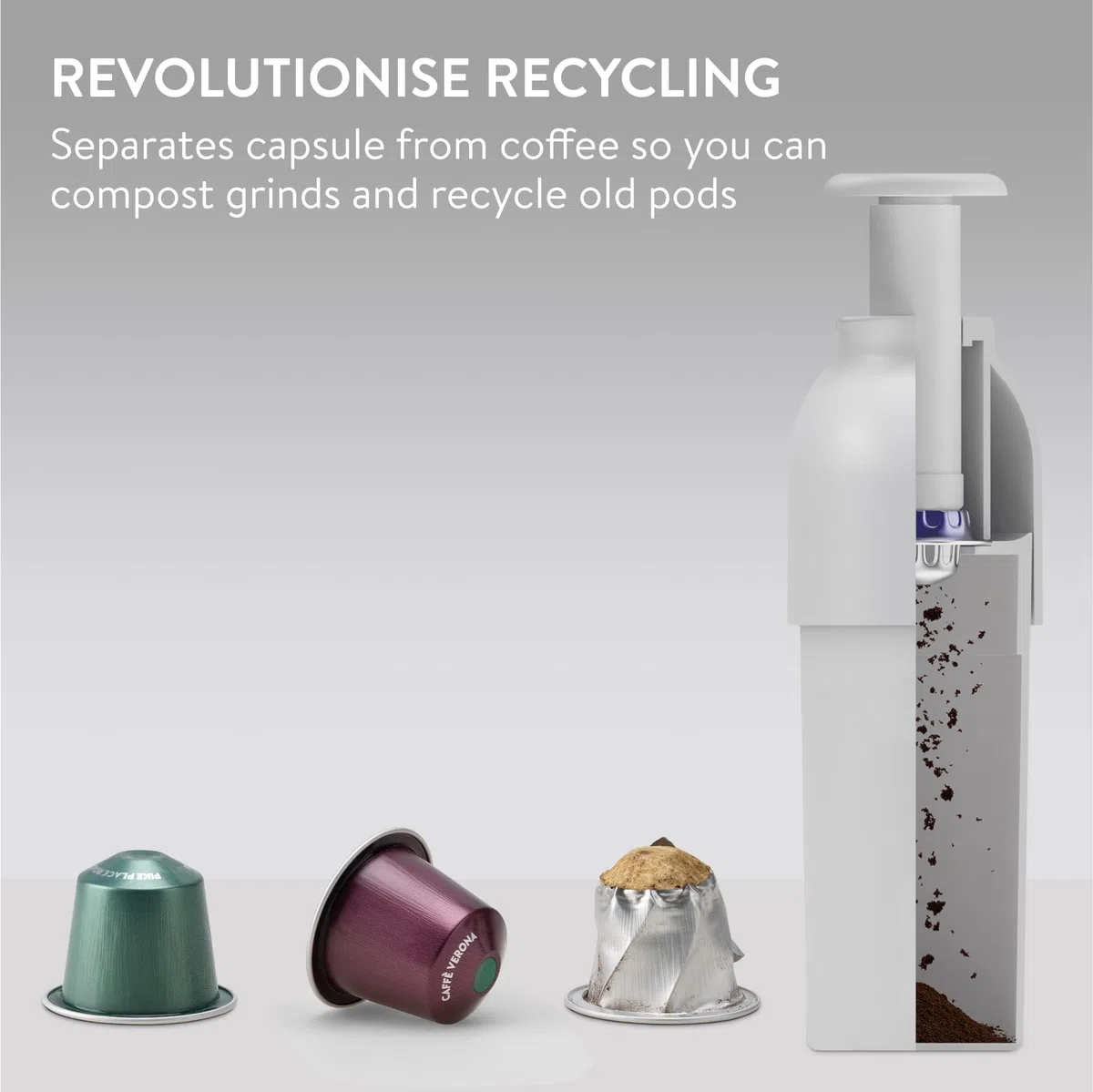 Navaris Reciclador de cápsulas de café - Separa la cápsula de Aluminio - Reciclaje Efectivo - Separador orgánico - Fácil de Usar y Limpiar - Gris