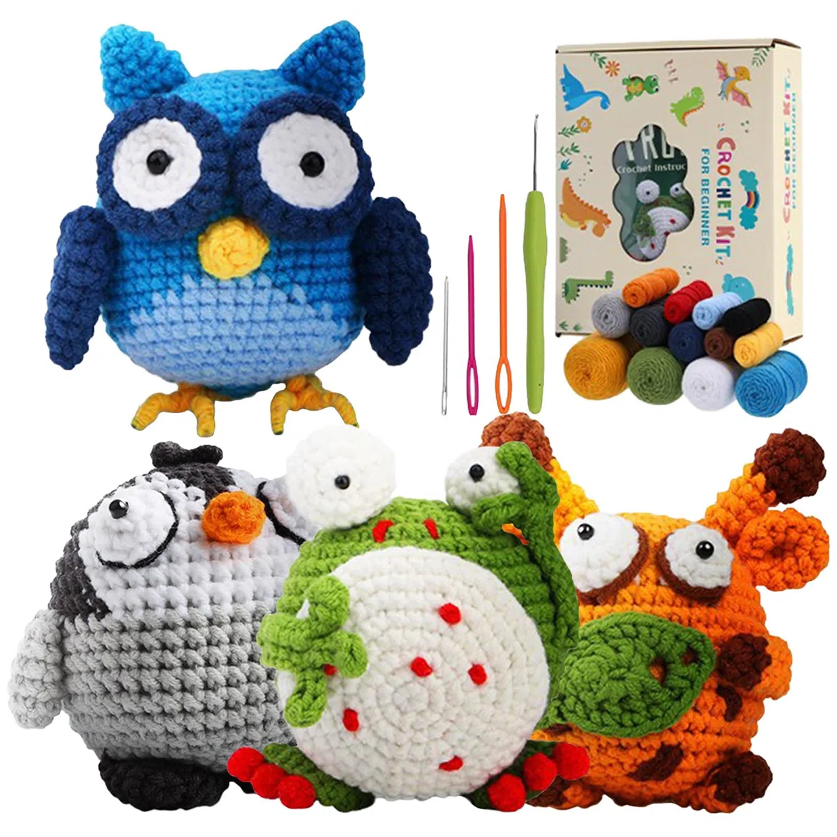VolksRose Kit de crochet de 4 animales de ojos grandes para principiantes, kit de tejido DIY con agujas de crochet, lana, libros y videotutoriales, adorables peluches para adultos, regalos ideales (C)