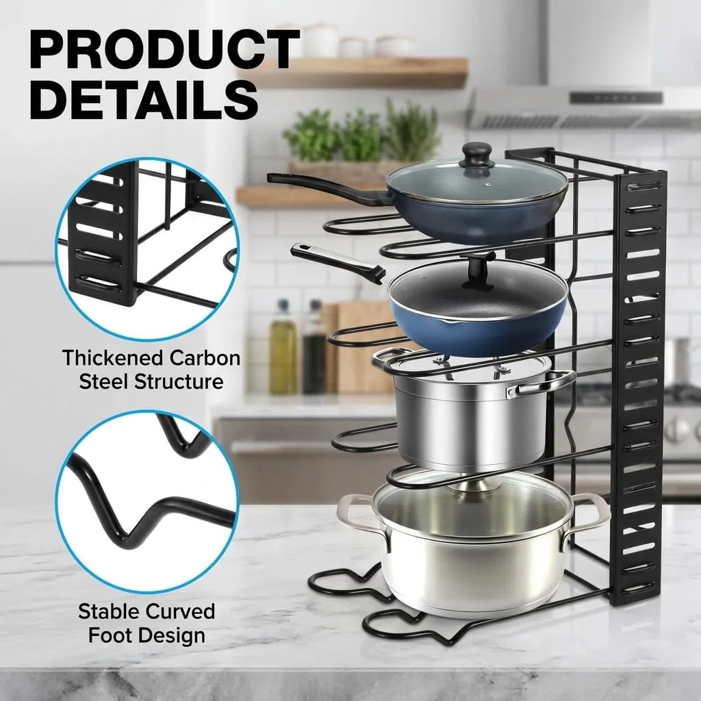 Organizador de ollas y sartenes con 8 niveles, soporte ajustable para hasta 8 ollas y sartenes, organizador para armarios de cocina, 48 x 20,5 x 38 cm