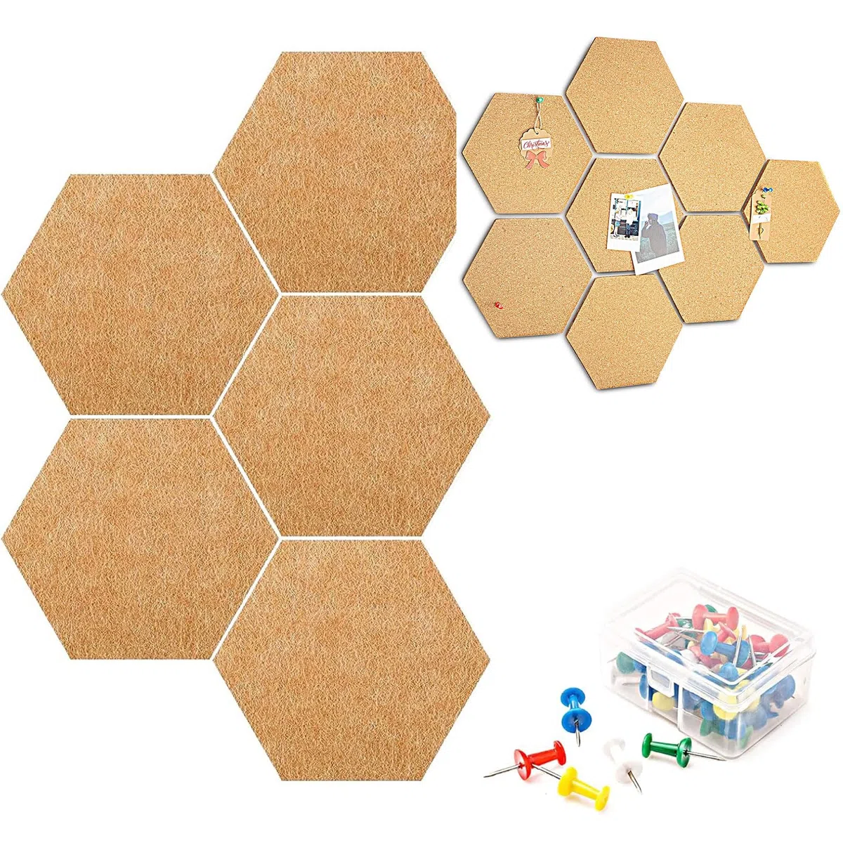 Corcho Pared Autoadhesivo, Pizarra Corcho Hexagonal, Placa Decorativa Hexagonal, Tablón de Anuncios, 5 Piezas Tablones Autoadhesivos con 50 Chinchetas, Placa Decorativa para Colgar Fotos