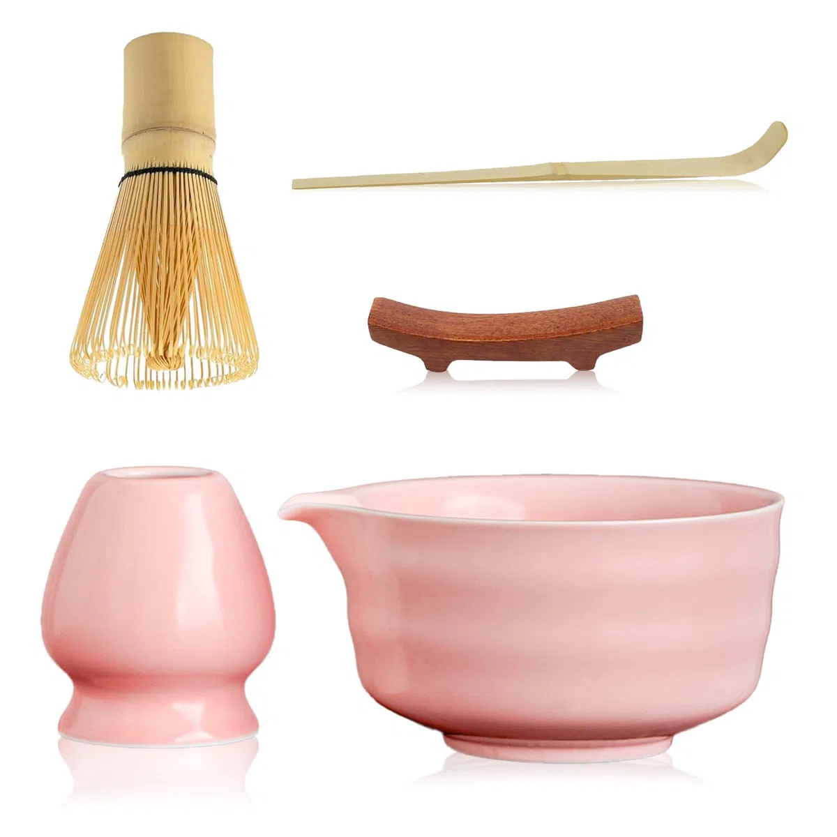 Juego de matcha de 5 piezas, escoba matcha, agitador matcha, juego de batidor matcha, juego de cerámica Matcha con cuenco y vertedor, juego de té matcha para preparar café con leche (rosa)