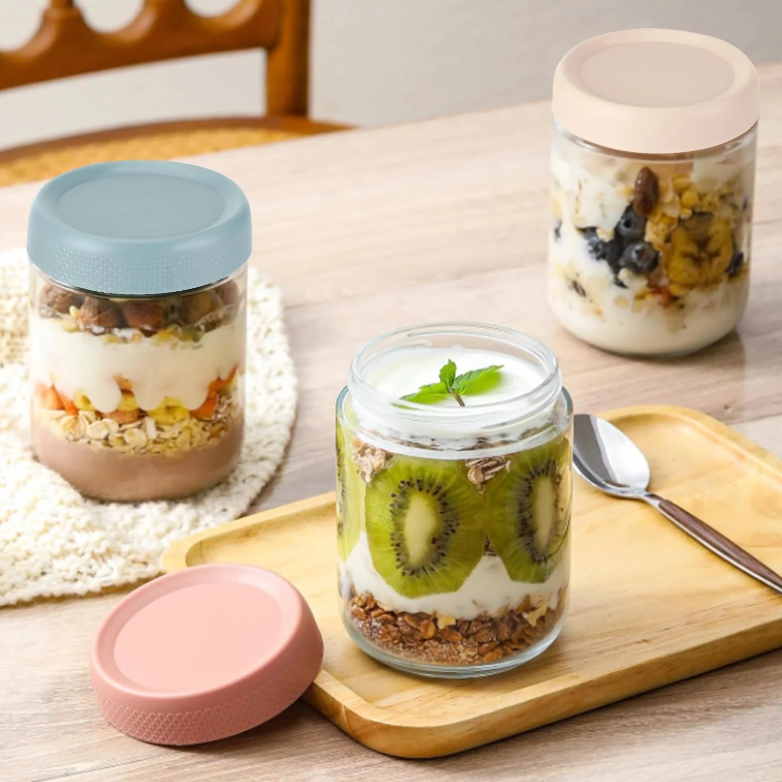 Zikenis Overnight Oats - Juego de 4 tarros para conservas (500 ml, con tapa de rosca, para mermelada casera, chutney, yogur, pudín, como cajas de preparación de comida de Mason
