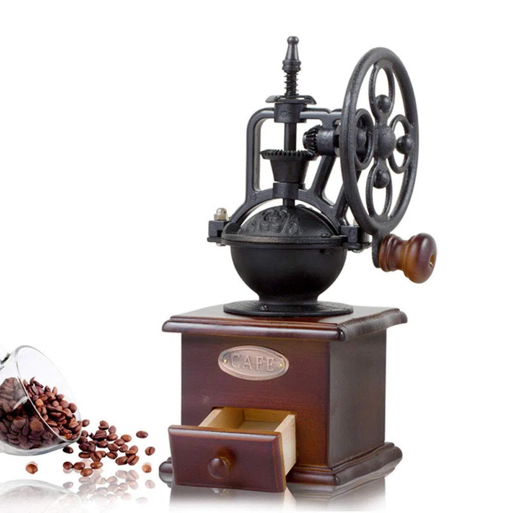 Molinillo de café manual Coffee Grinder Encantadora molino de café retro en diseño antiguo hecho de madera y hierro fundido Espressomühle para granos de café