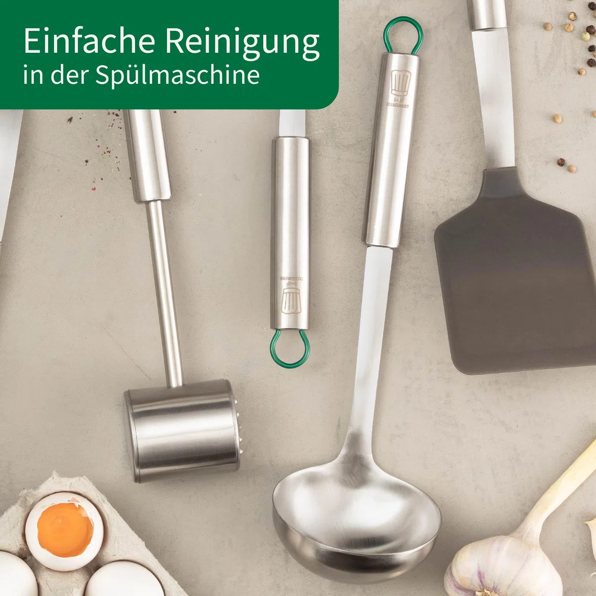 Chefkoch trifft Fackelmann – Cucharón prémium de acero inoxidable, 31 cm, apto para lavavajillas, mango ergonómico, ideal para sopas y guisos