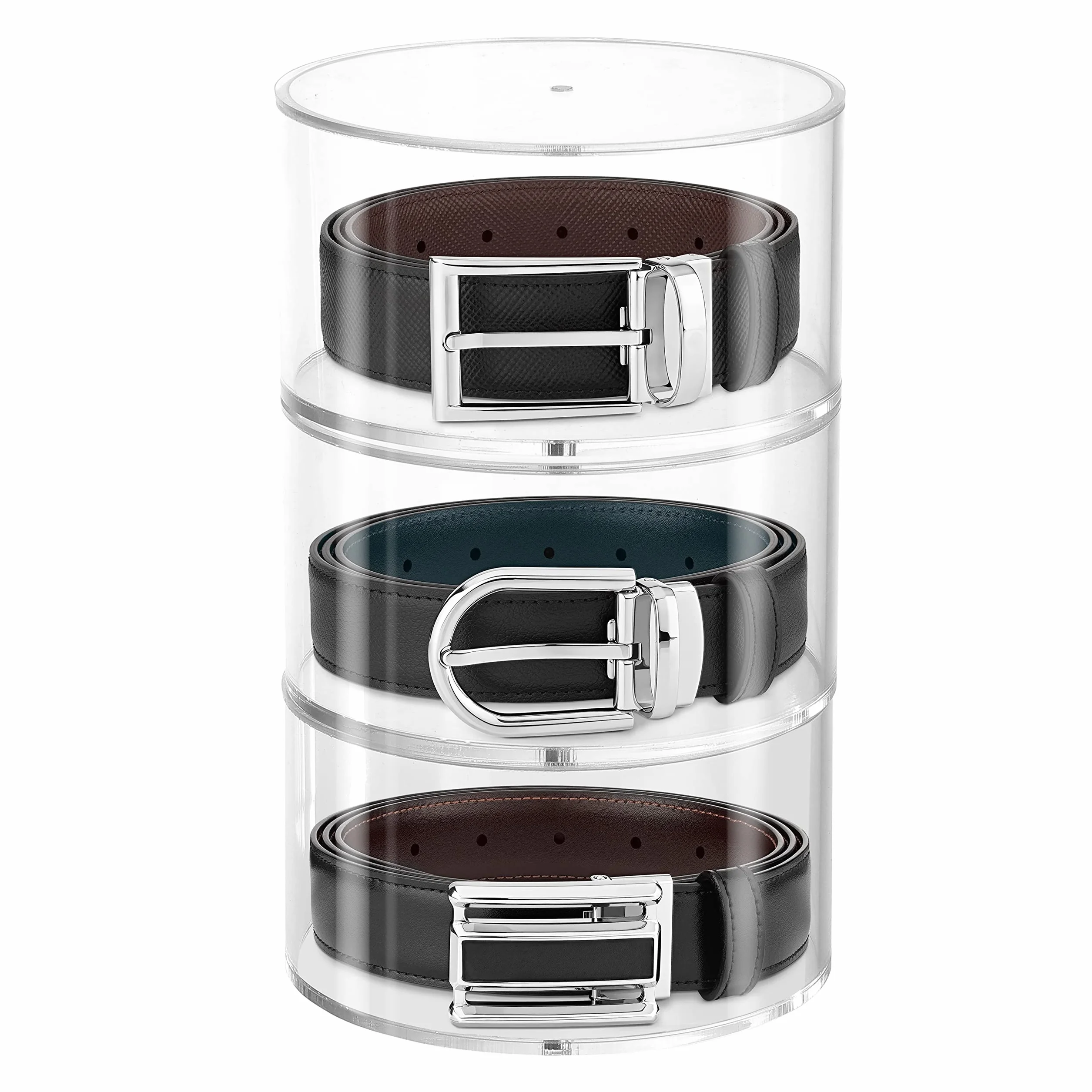 Organizador Cinturones de 3 Niveles - Organizador Transparente Redondo con Tapas Magnéticas - Caja Ordena Cinturones de Plástico Acrílico Apilable - Para Joyas, Relojes, Maquillaje, Cosméticos