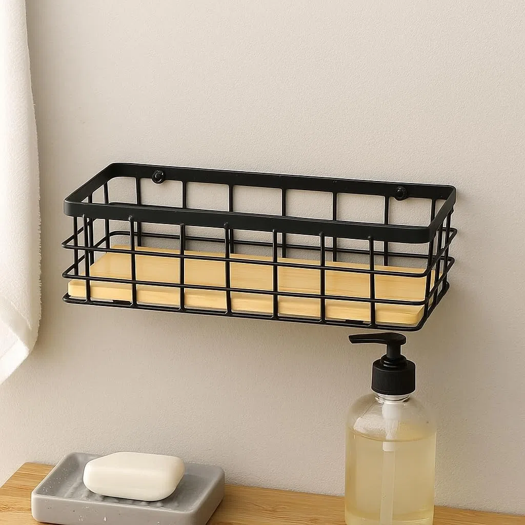 Cesta de alambre, cesta de metal, cesta de almacenamiento de metal para baño, cestas decorativas negras, cesta de pared para el hogar, Adecuado para cocina y baño,25x10x7.5cm,2 artículos