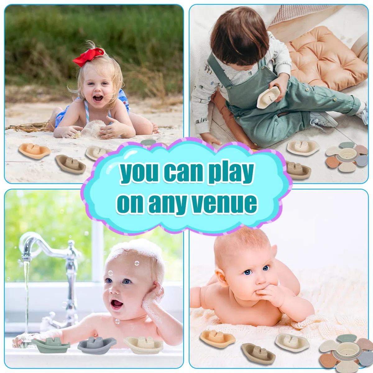 5 Piezas Barco Baño Bebe con 6 Cucharas de Baño, Flotantes Juguetes Apilables Juguetes de Bañera Juguetes de Ducha para Niños Pequeños Preescolar Niños Niñas Regalo