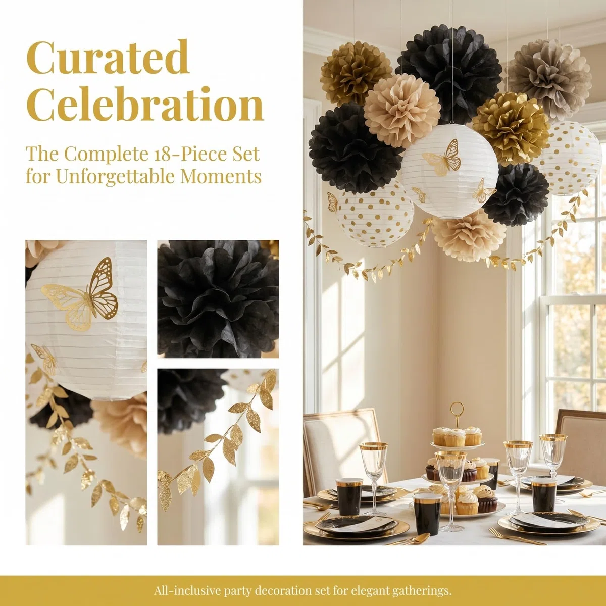 Kit de Decoración para Fiesta Negro y Dorado 18 Piezas Pompones de Papel de Seda, Farolillos de Papel Redondos Guirnaldas de Hojas y Mariposas para Cumpleaños, Boda, Graduaciones Baby Shower