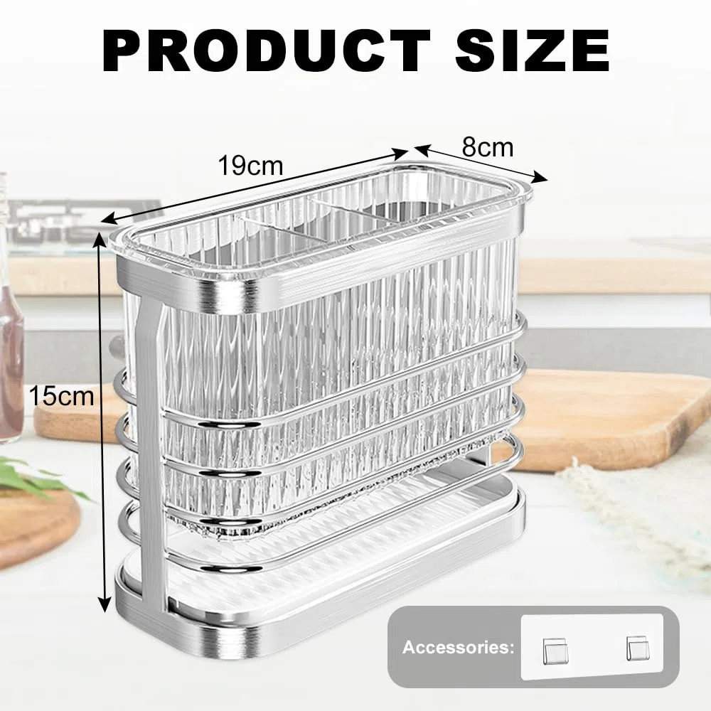 Escurridor Cubiertos, Soporte Utensilios Cocina, Cesta para Cubiertos de Acero Inoxidable, 3 Compartimentos, Sin Necesidad de Taladrar, de Pared, Extraíble, con Bandeja Recogegotas, Plata