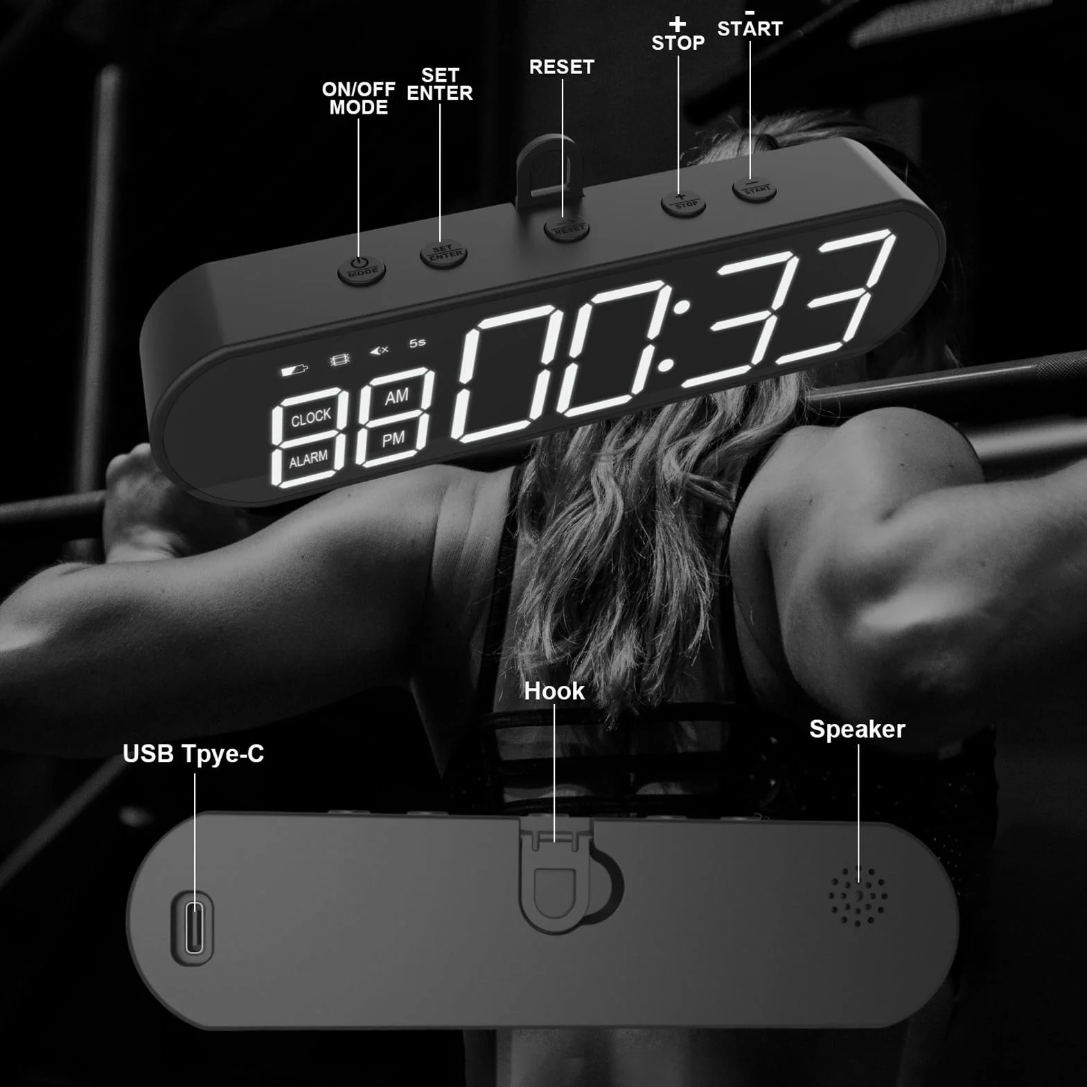 Temporizador De Gimnasio Portátil, Reloj De Intervalos, Timer De Entrenamiento Magnético Digital LED Con Cuenta Regresiva/Ascendente y Despertador