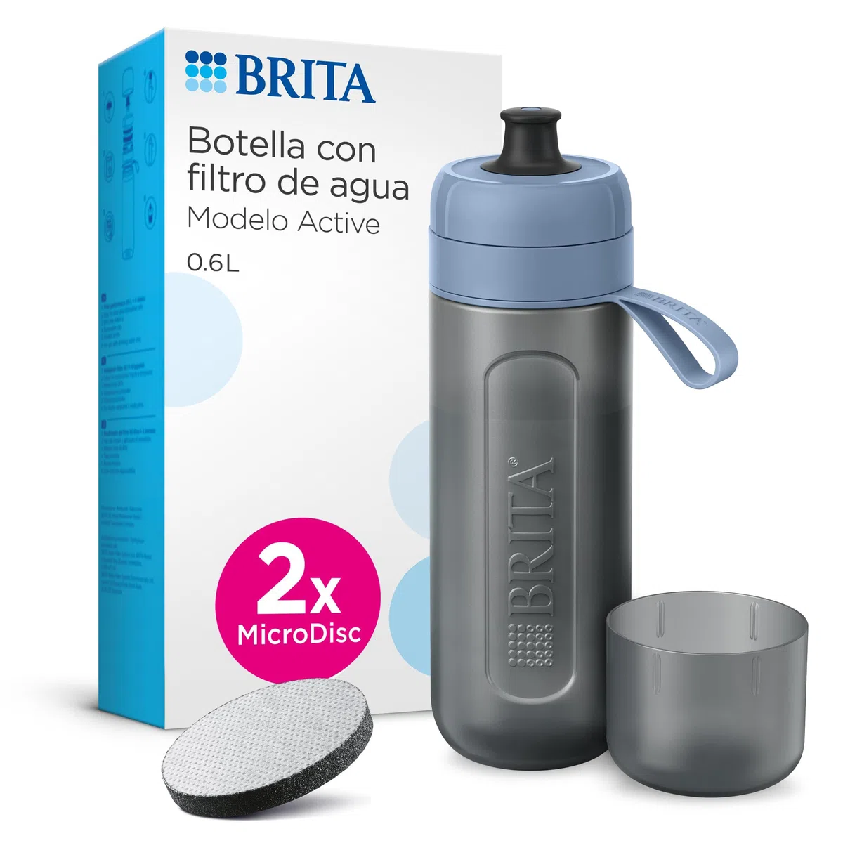 BRITA Botella deportiva Modelo ACTIVE Azul Oscuro (600ml) con 2 filtros MicroDisc, flexible sin BPA, filtra cloro, impurezas, hormonas, pesticidas y conserva minerales.