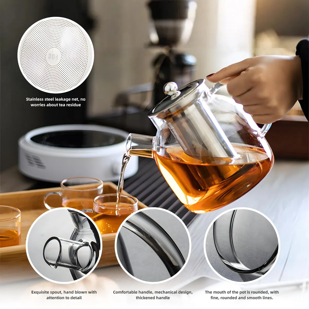 Tetera - 1000 Ml Tetera de Vidrio, Vidrio de Borosilicato, Teteras para Te con Filtro,Revestimiento del Filtro de Acero Inoxidable, Apto para Té Perfumado, Té Verde, Té Negro, Té de Frutas