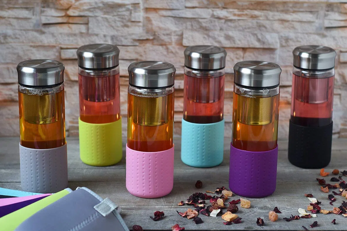 Creano Teamaker Tetera Nómada de Vidrio de Borosilicato 400ml con Filtro de Acero Inoxidable y Funda de Neopreno Hermética – Verde