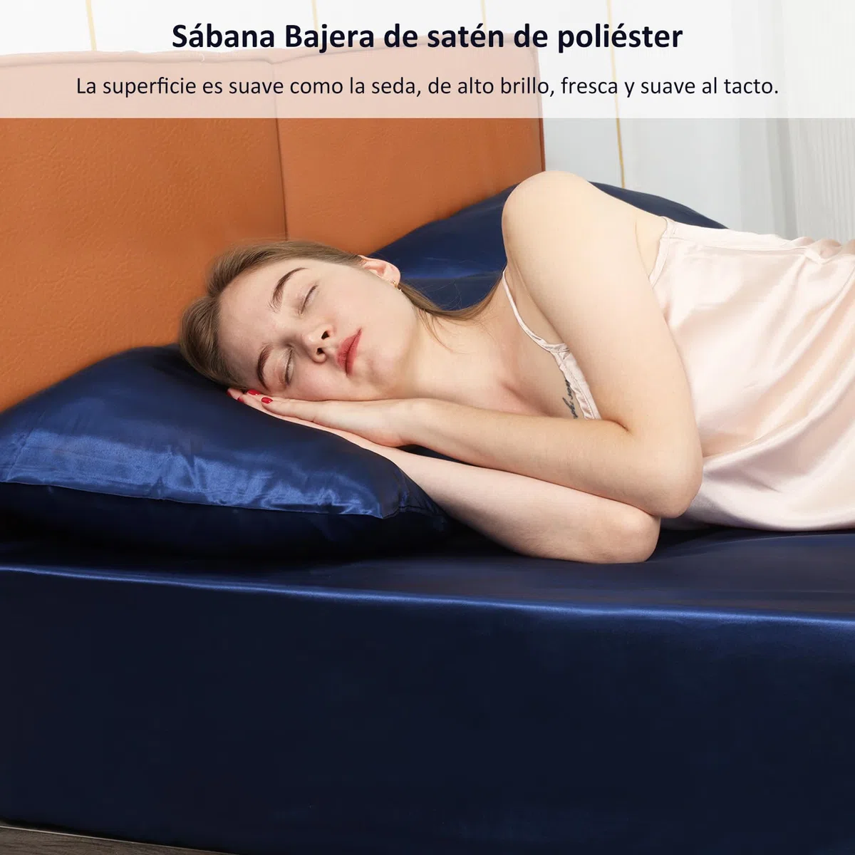 Lirex Sábana Bajera de Satén 100x200cm, para Colchón de hasta 35 cm de Altura, Ropa de Cama de Satén de Poliéster, Lujosa y Suave, Azul Marino
