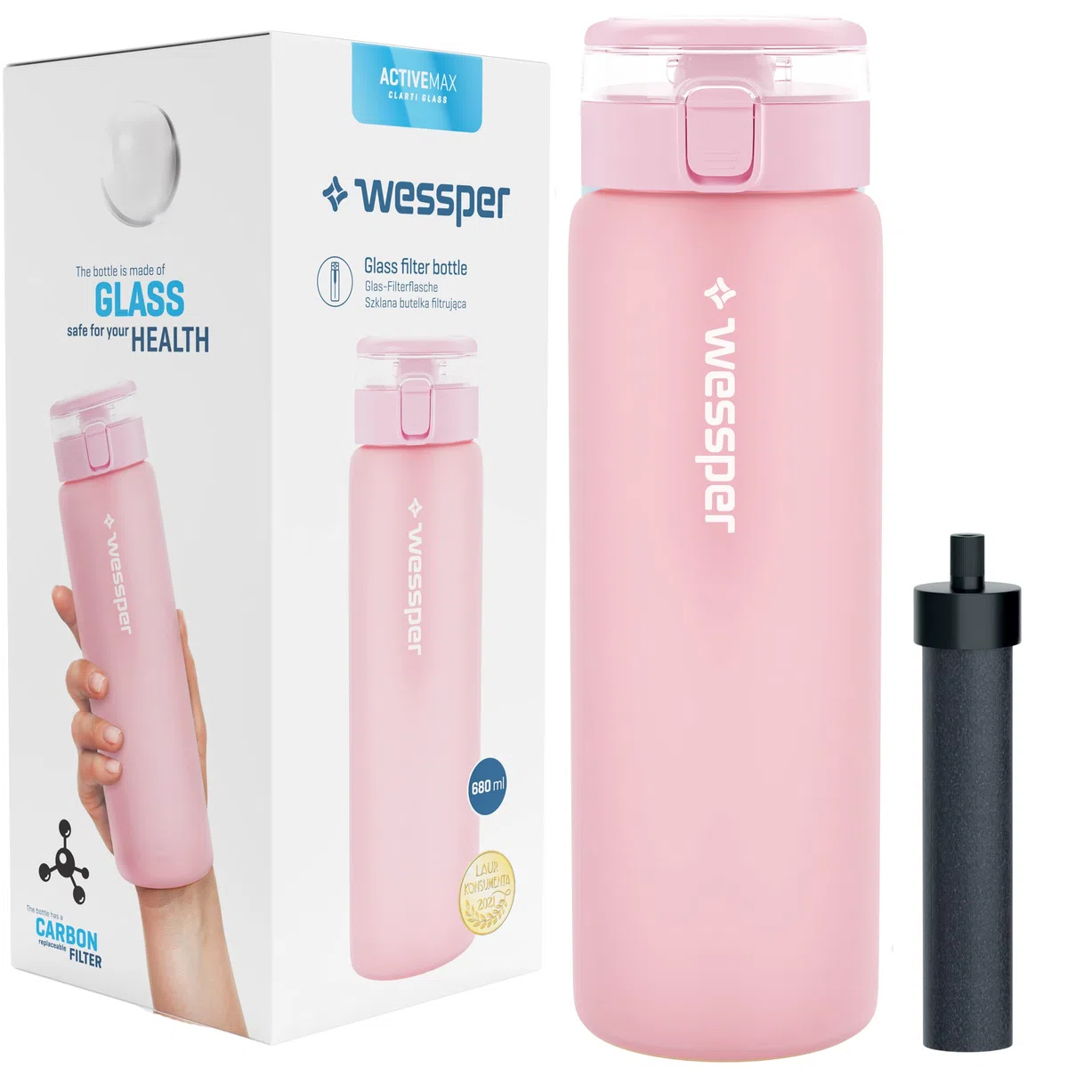 Wessper Botella de Vidrio de Borosilicato, Botella de Agua con Filtro 680 ml, Sin BPA | para el Gimnasio, la Escuela, para Niños y Adultos – Rosa