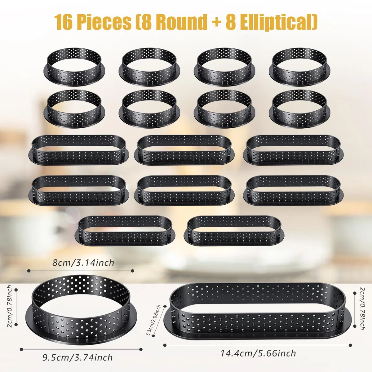 10 Piezas Aros Perforados Tartaletas, Aros para Tartaletas Redondos y Ovalados con Orificios de Ventilación, Moldes de Mousse Perforados, para tartas de frutas, quiches, mousse, kuChe para hornear