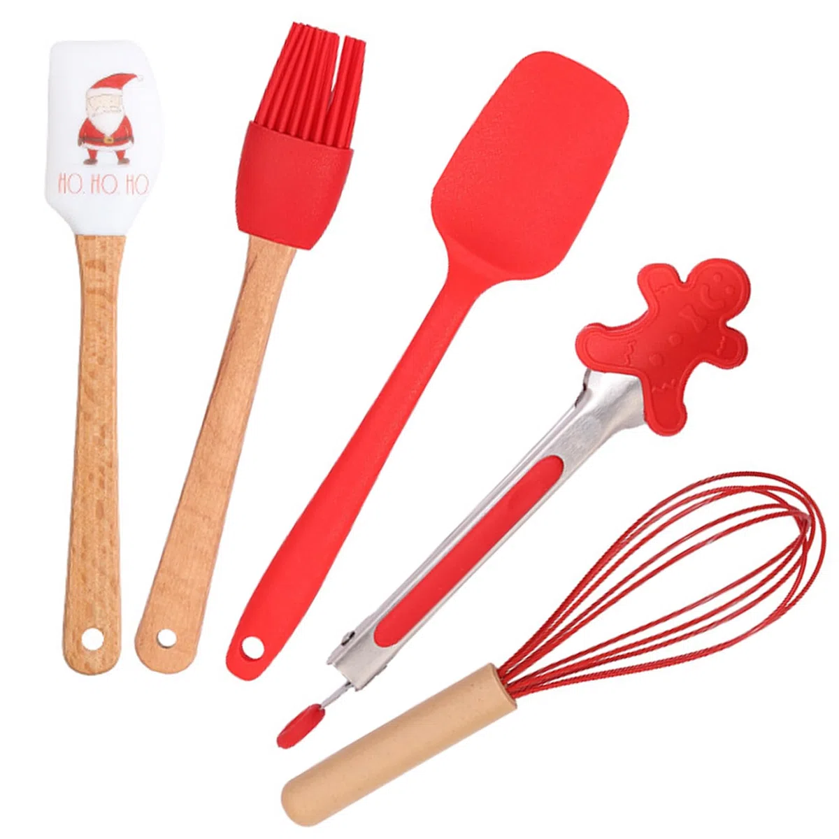 Juego de 5 piezas de suministros para hornear navideños, espátula navideña temática de grado alimenticio con cepillo para batir y pinzas, lindo juego de herramientas para hornear para cocinar, saltea