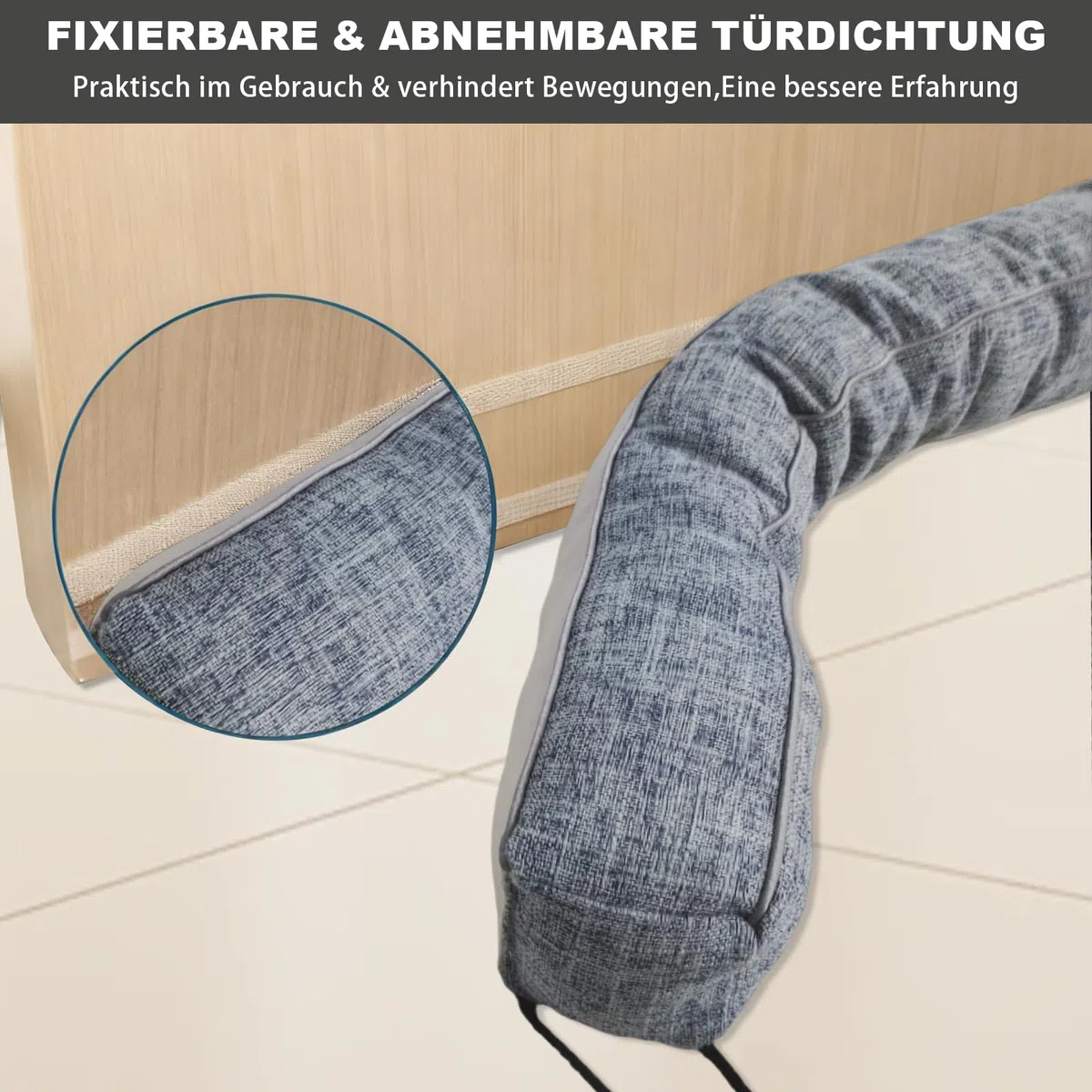 Burlete para puertas, con relleno granulado, tope para puerta resistente al viento, de poliéster y algodón PP, burlete para puerta de casa contra el frío y el polvo (azul grisáceo, 92 cm)