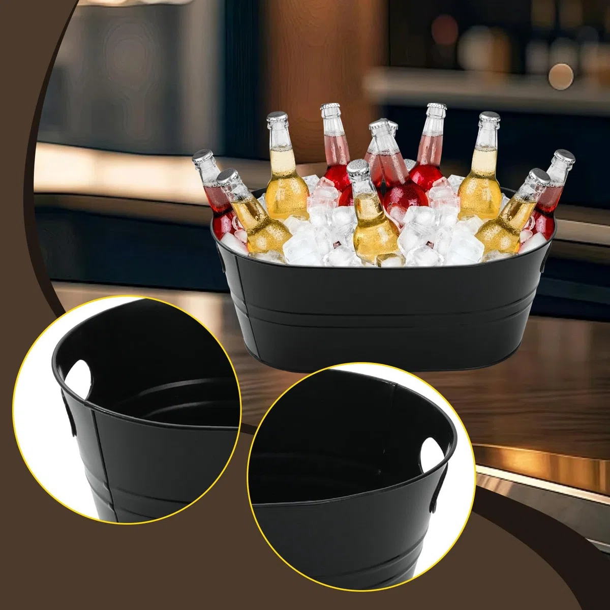 Cubo Ovalado de Hielo, Enfriador de Bebidas Clásico, Contenedor Galvanizado para, Negro, Individual