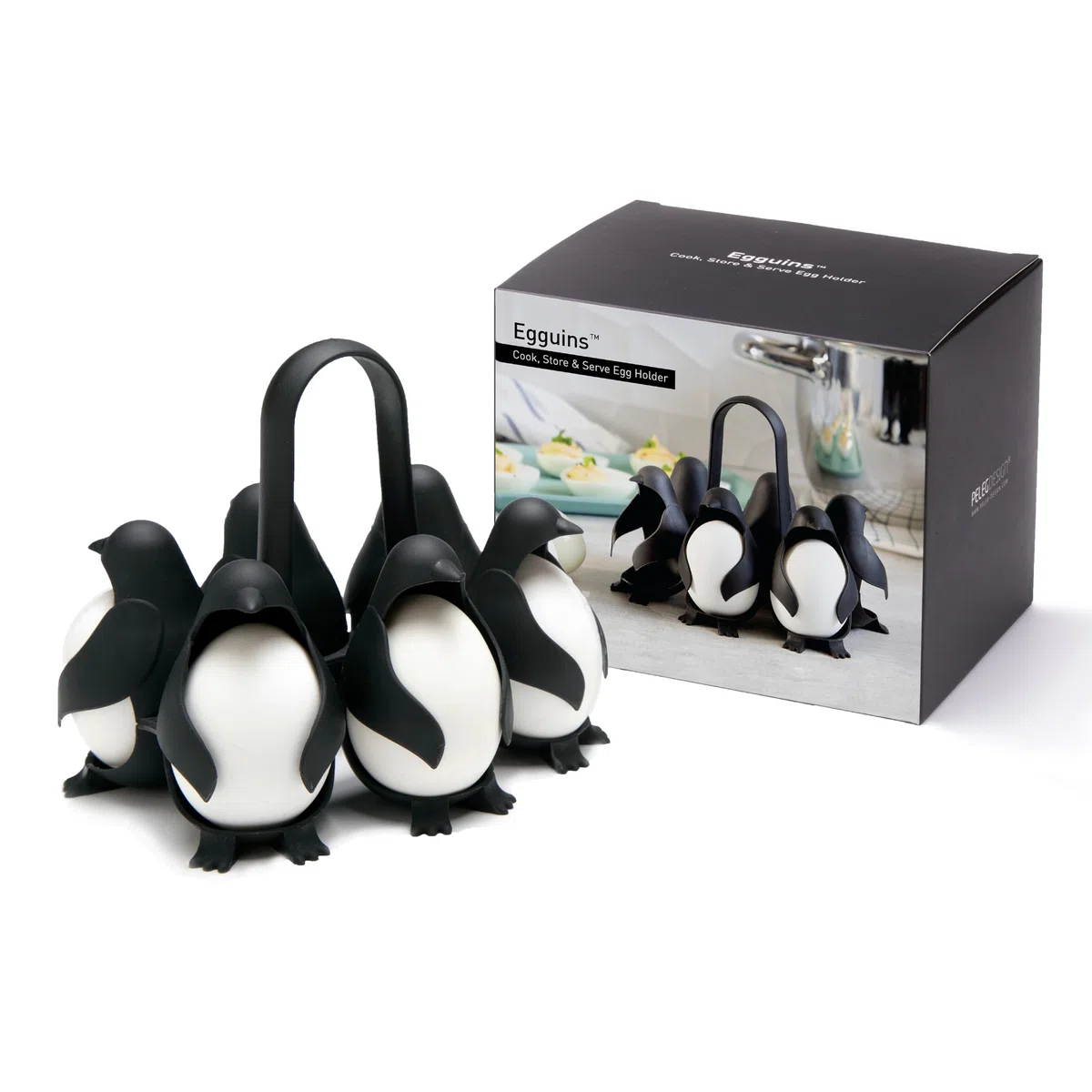 PELEG DESIGN Egguins – Cocedor y Porta Huevos en Forma de Pingüino, Almacena y Cocina 6 Huevos Frescos o Cocidos – Organizador Compacto para Nevera (Egguins)