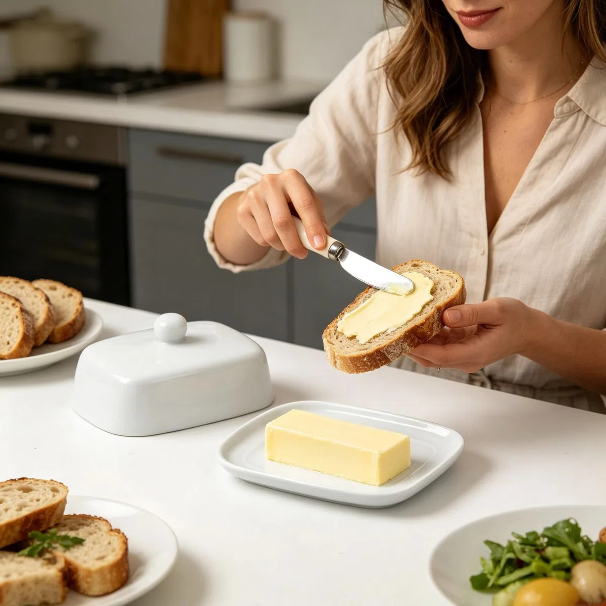 Mantequera de cerámica – Mantequera de porcelana blanca para mantequilla de 250 g, con tapa para mantener fresco
