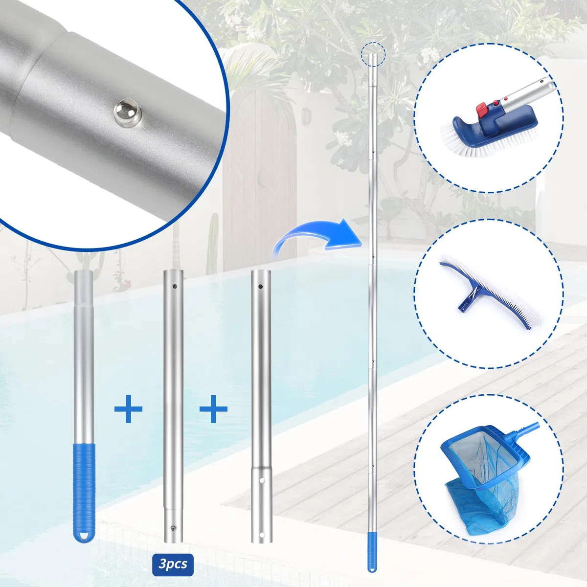 LALAGO Palo Mango Telescópico Aluminio, 5 Secciones 1,7m Palos Ajustable con Clip EZ, Poste Telescópico Aluminio, Poste para Limpieza de Piscinas, Varilla para Limpieza de Piscinas, Palo Extensible