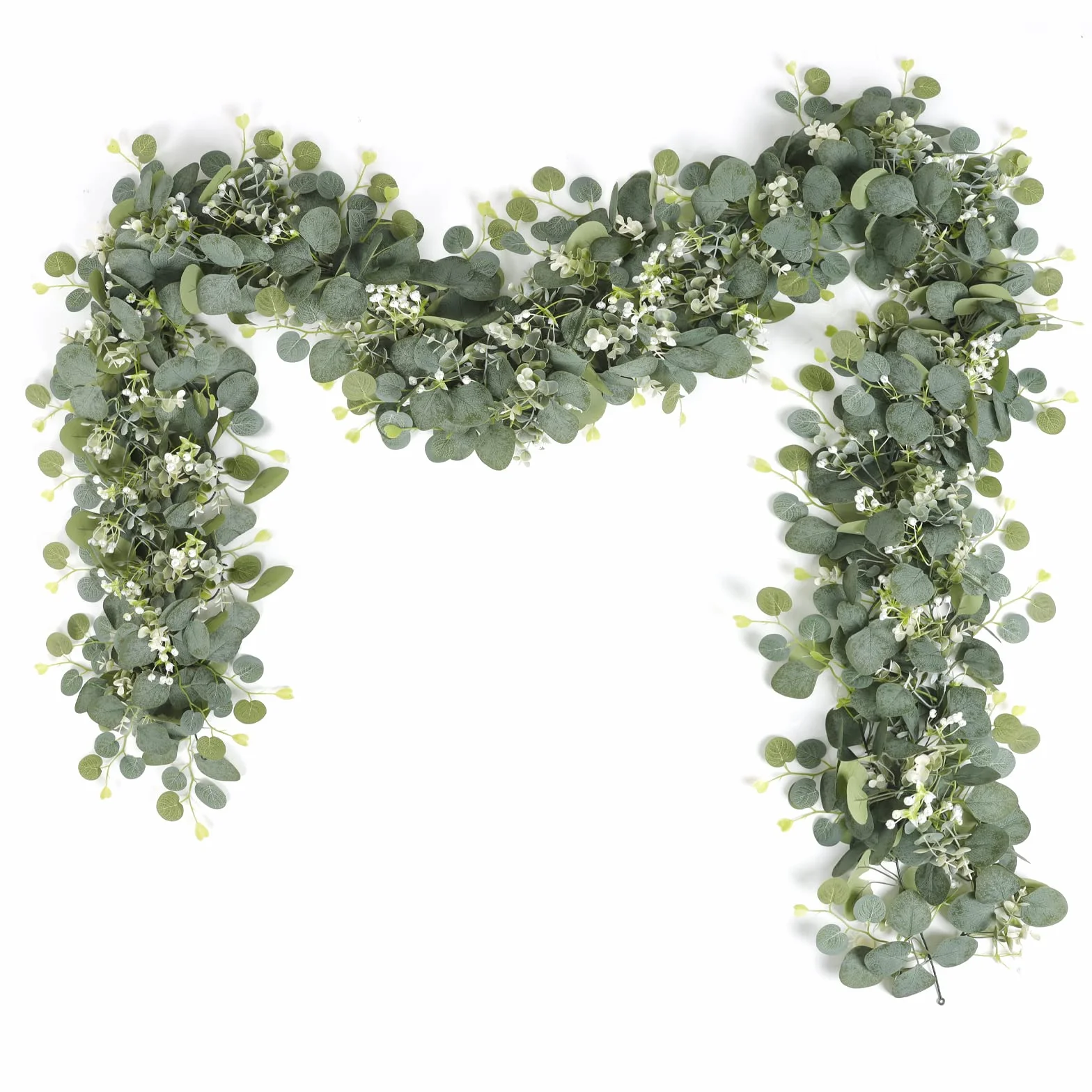 2pcs Guirnaldas Artificiales de Eucalipto con Hojas de Sauce Hojas Verdes Guirnalda de Flores Blancas Planta Artificial para Decoración de Fondo Boda Camino de Mesa Central