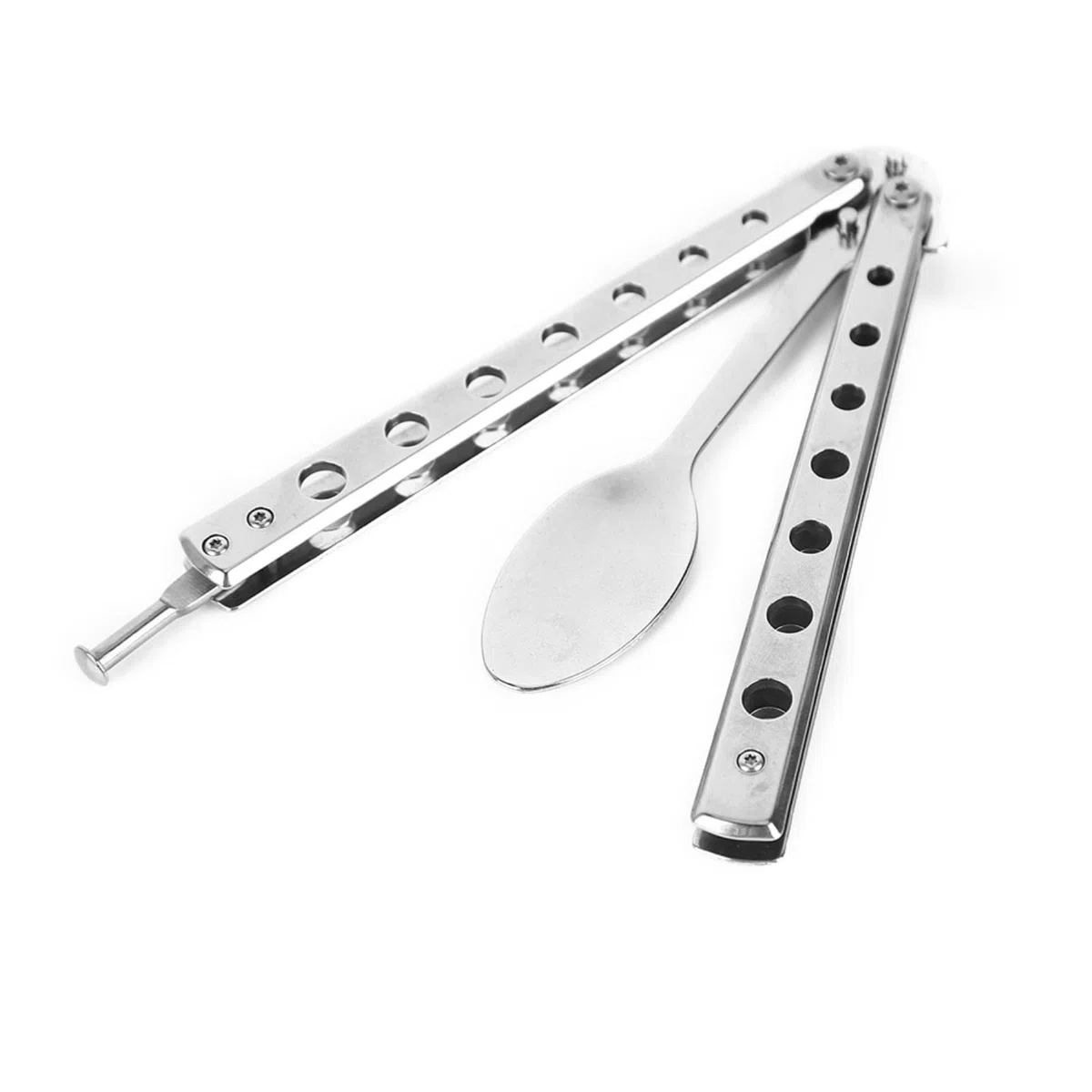 Metal Plegable Balisong Trainer Cuchara Tenedor Mariposa Cuchillo Juego Seguridad práctica Entrenador Camping vajilla-ESPAÑA, Tenedor