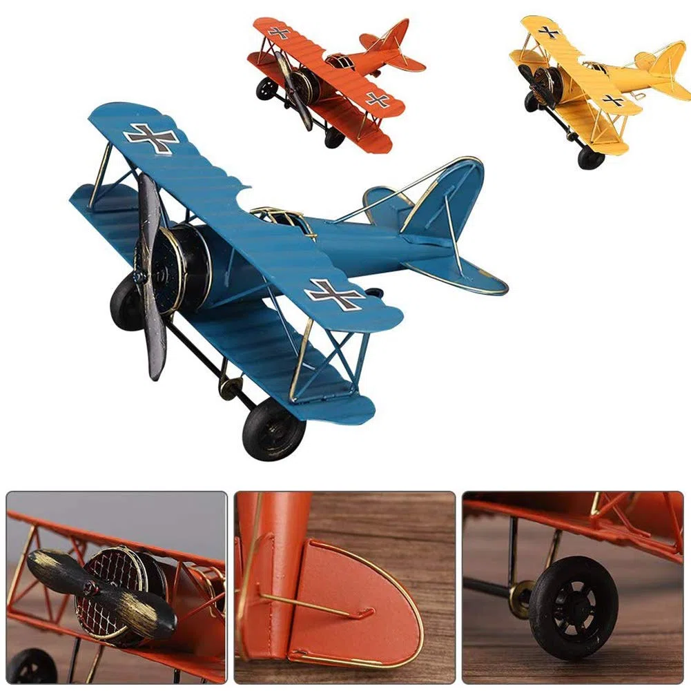 Modelo de avión vintage, biplano, colección de adornos de oficina - amarillo (21,5 x 17,7 x 9 cm)