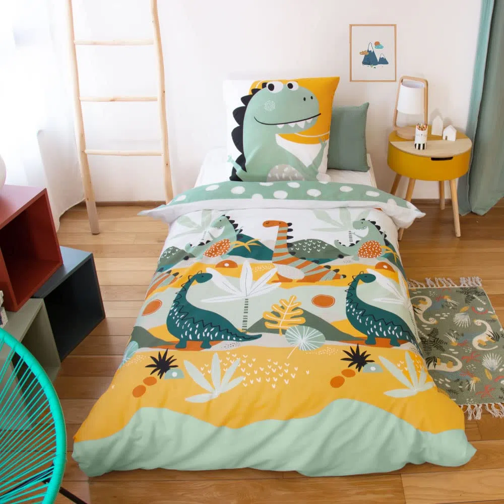 Côte Deco - Juego de cama infantil reversible de dinosaurios prehisto verde, funda nórdica de 140 x 200 cm y 1 funda de almohada de 63 x 63 cm