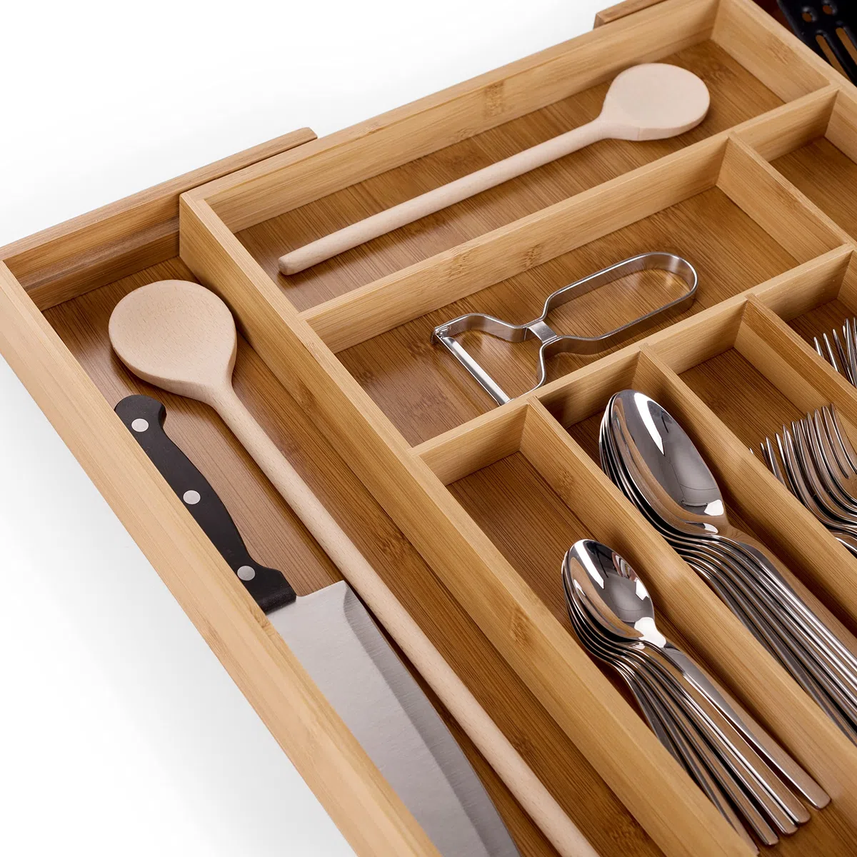 Blumtal Organizador Cubiertos de Bambú - Cuberteros para Cajón Cocina Ajustable - Organizador Cajones Cocina de 5 a 7 Compartimentos - Porta Cubiertos - Mediano