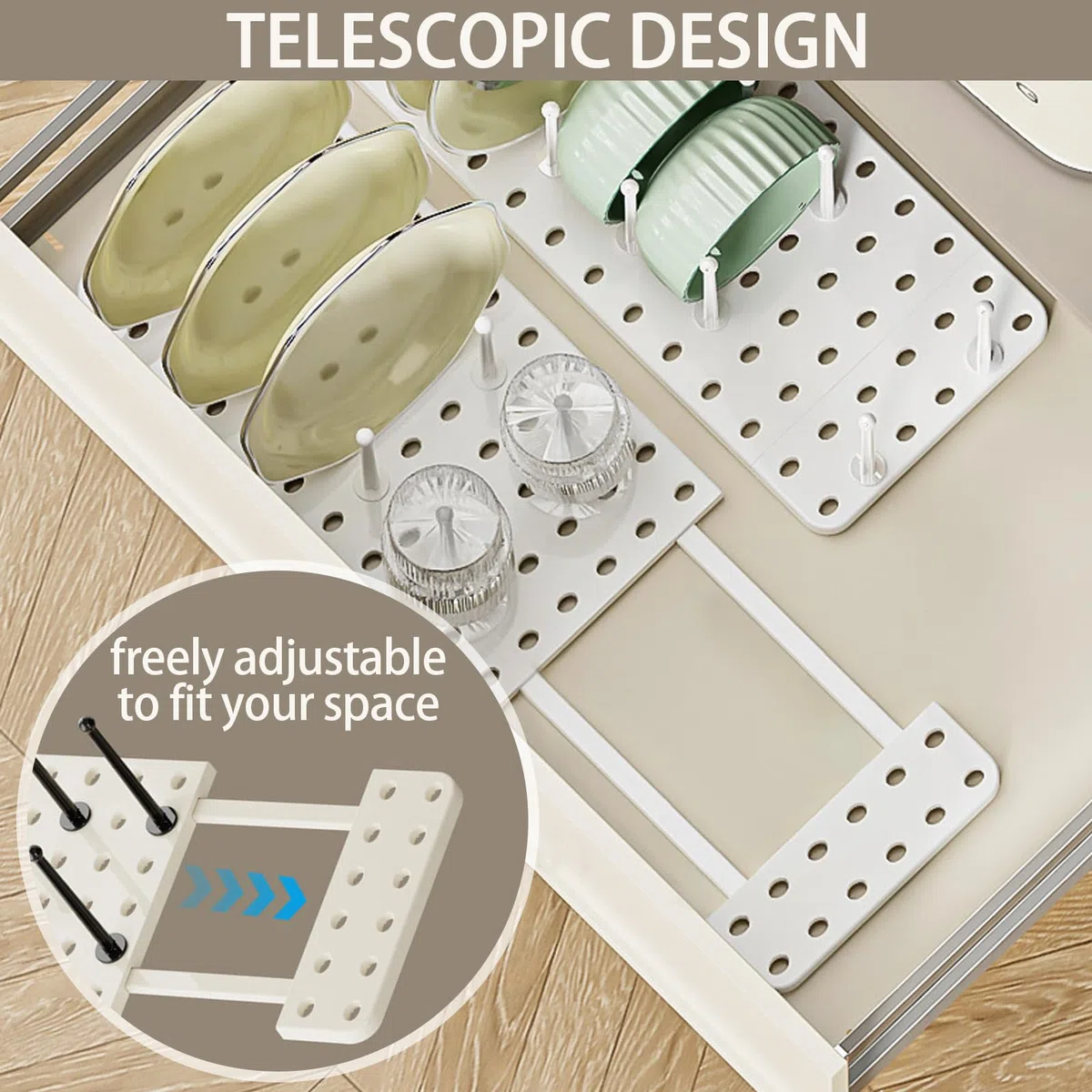 Organizador de Cajones de Cocina, Pack de 2 - Organizador de Sartenes y Ollas para Cajón, Organizador Ajustable para Ollas, Sartenes, Tapas y Contenedores - Ahorra Espacio