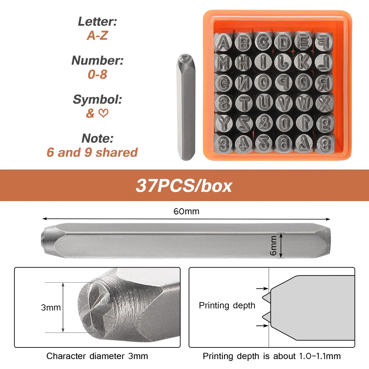 HSEAMALL Juego de 37 sellos de números y letras, letrero de 3 mm (A-Z 0-9 y símbolo de amor) para estampar metal, joyas, cuero, madera